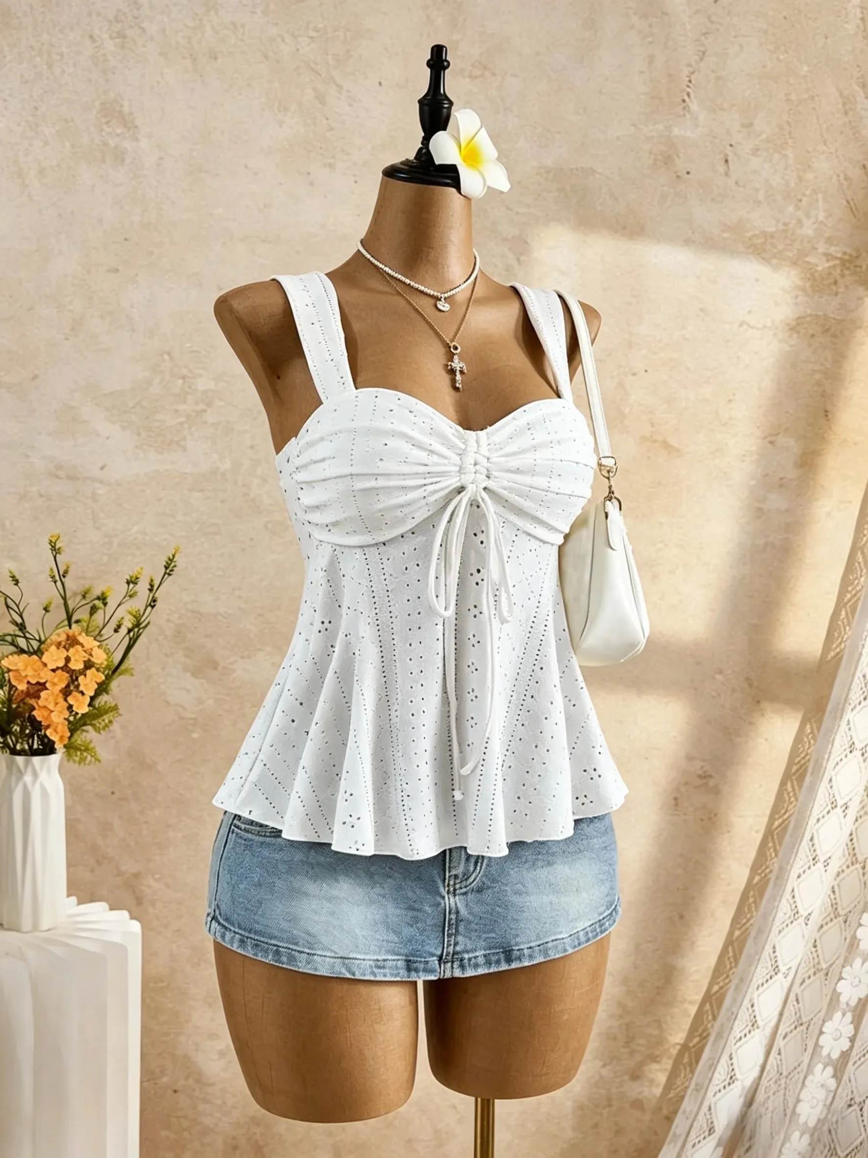 Women Sweetheart Neck Drawstring Ruched Peplum Cami Top Polka Dot Print Sleeveless Casual Camisole Outfit — image 4
