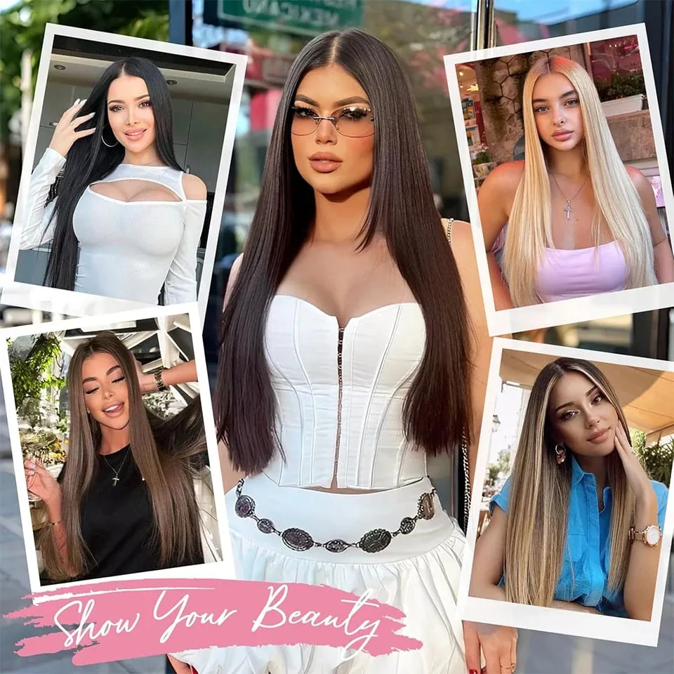 14inch Synthetic Wig Four-Piece Straight Hair Extension Wig BB Clip Style Suitable For Women Christmas New Year Carnival Music