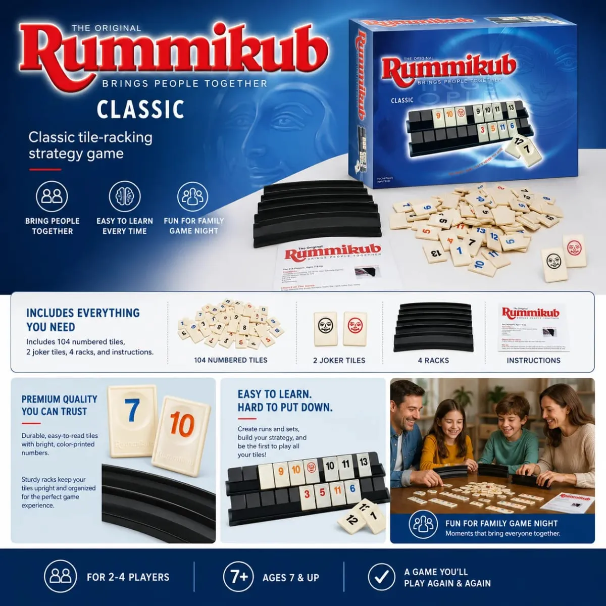 Rummikub Classic Number Tile Strategy Board Game with Black Racks Family Party Kids Adults English Version — image 4