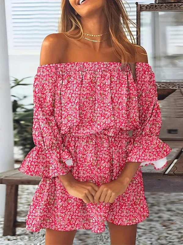 Women Off-Shoulder Ruffled Sleeve Printed Dress with Casual Boho Style for Beach or Vacation Occasions — image 4