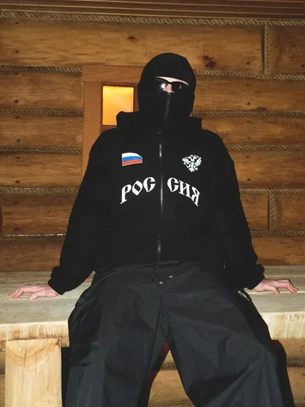 Hip Hop Face Cover Hoodie Unisex Loose Black Zip Up Sweatshirt Eagle Flag Printed Design — image 3