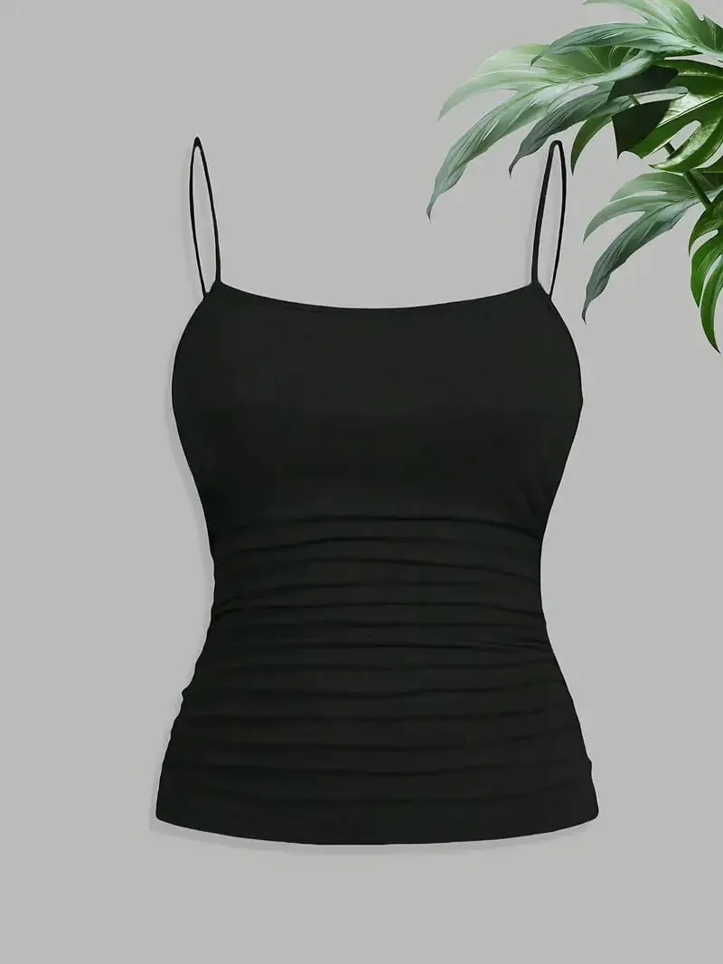 Women Elegant Thin Strap Ruched Cami Top Slim Fit Sleeveless Camisole Soft Stretch Basic Tank Vest Summer Fashion Underwear Blac