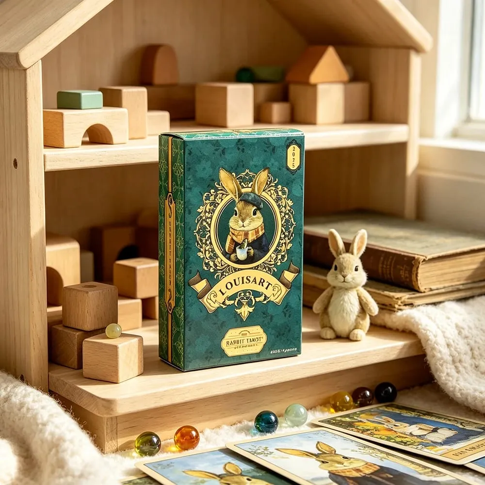 Louisart Rabbit Tarot Cards 78 Cards Vintage Green Luxury Tarot Deck Cute Anthropomorphic Rabbit Art Divination Cards Game
