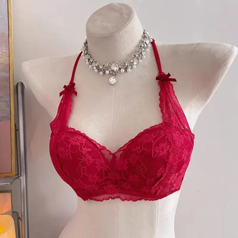 セクシーなBANERDANNI Halter Lace Bra Bow Soft Lace Fabric Padded Push Up Wireless Soft Innerwear Lingerie Small Bust All Day Comfort