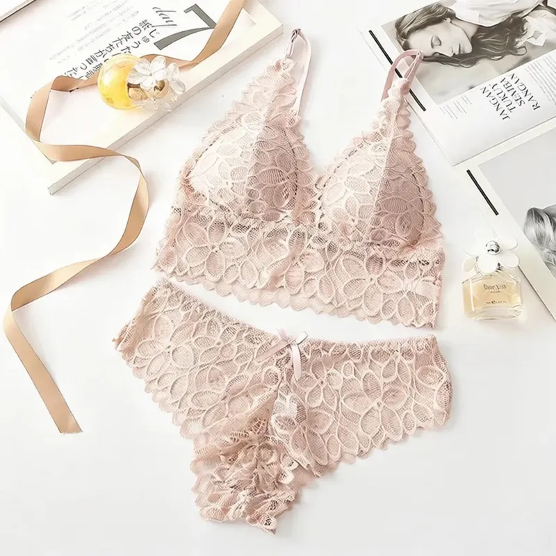 French Style Lace Lingerie Set Wireless Bra Panty Sexy Breathable Thin Cup Underwear Comfortable Gathered Intimate Wear — image 10