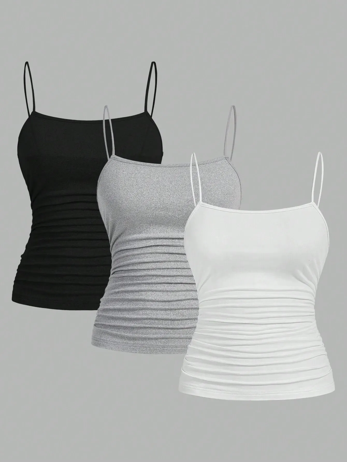 Women Elegant Thin Strap Ruched Cami Top Slim Fit Sleeveless Camisole Soft Stretch Basic Tank Vest Summer Fashion Underwear Blac