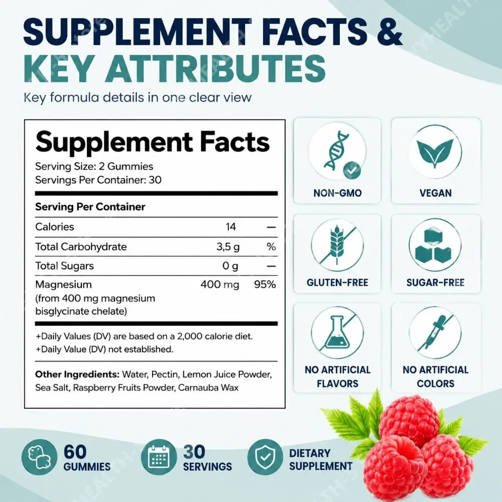Magnesium Bisglycinate Gummies for Adults 400mg High Absorption for Sleep Nervous System Health Muscle Recovery Bone Health 60ct — image 4