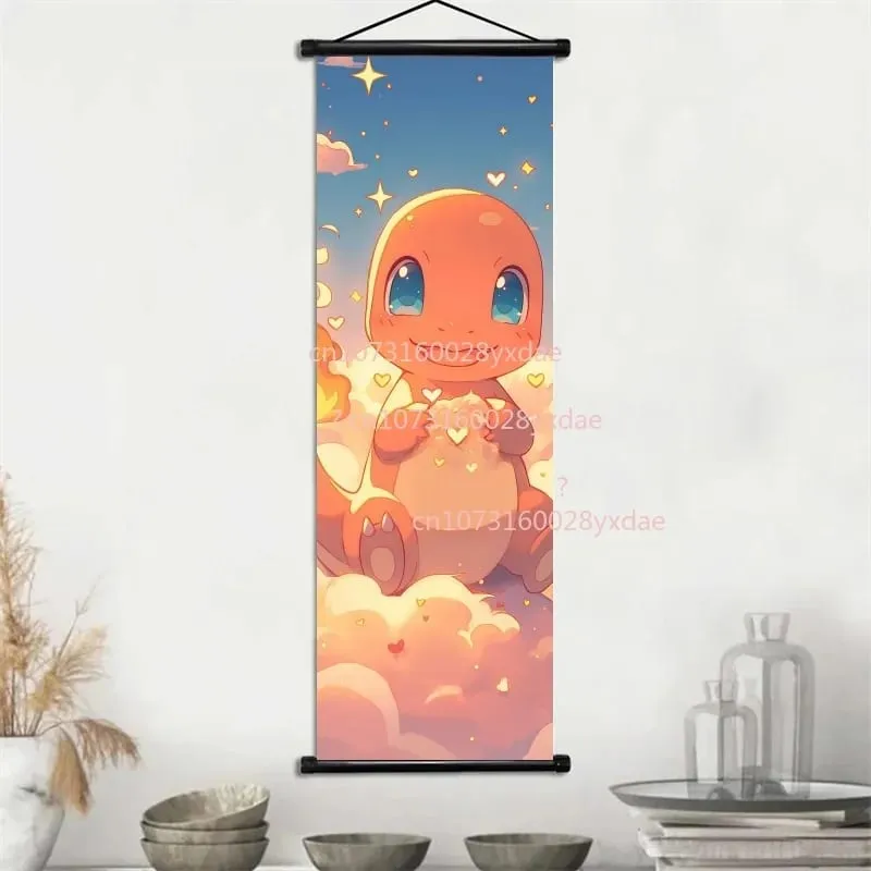 Classic Printed Pokemon Poster Cartoon Wall Artwork Gengar Squirtle Bulbasaur Pikachu Hanging Scroll Family Room Decoration
