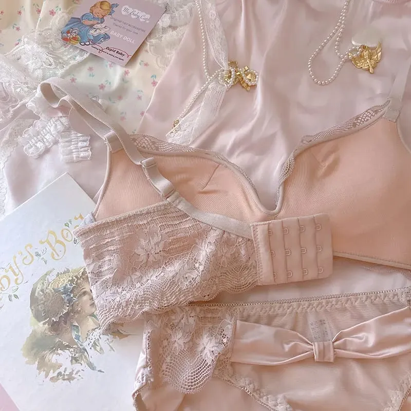粉紅公主加厚小胸大內褲女聚攏莫代爾乳膠內衣內褲套裝蝴蝶結無鋼圈胸罩套裝