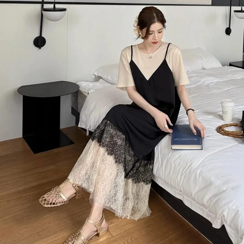 New 2026 Summer Women's Dresses Loose Plus Size Patchwork Lace Vestidos Fake Two Piece Female T-Shirt Dress Robe KE6690 — image 3