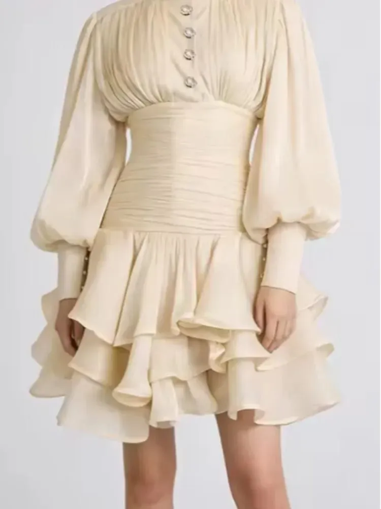 Chic Victorian-inspired Mini Dress Women Puff-sleeve Ruched Tiered Romantic Cottagecore Party Dresses 2026 Trendy Elegant Outfit — image 3