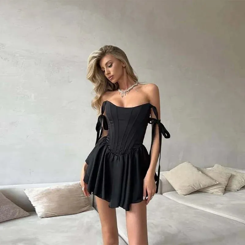 Sexy Fish Bone Waist Cinching Dress Women's Slim Solid Lace Up Square Collar Pleated Dresses Summer Lady Fashion Robes