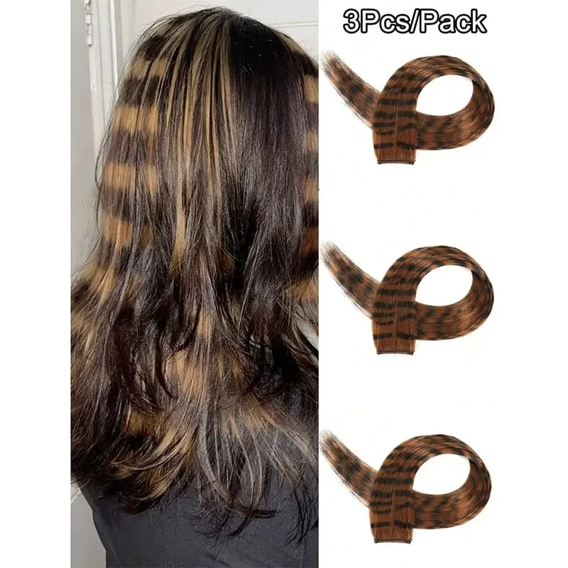 3Pcs Leopard Print Hair Extensions Synthetic Stripe Printed Hair Piece Colorful Long Straight Clip In Hair For Women Girls Party — image 8