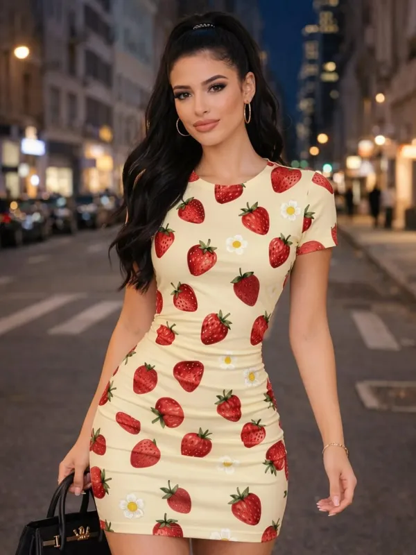 Womens Short Sleeve Bodycon Mini Dress Slim Fit Crew Neck Floral Print Casual Summer Party Cute Modern Holiday Clubwear Sundress — image 12