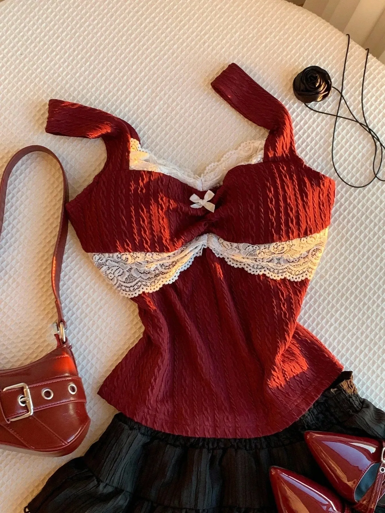 Y2K summer fashion new patchwork lace bow decoration pure desire vest versatile top for wearing outside