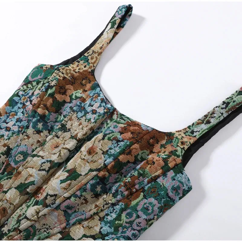 Vintage Floral U Neck Spaghetti Strap Corset Cami Top Curved Hem Fitted 2026 Summer Women Slim Tank Causla Versatlie Lady Top