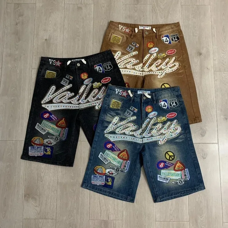 New Y2K Colorful Rhinestone VALLEY Embroidery Patch Label Denim Shorts Jorts Men Women High Quality Loose Straight Short Jeans