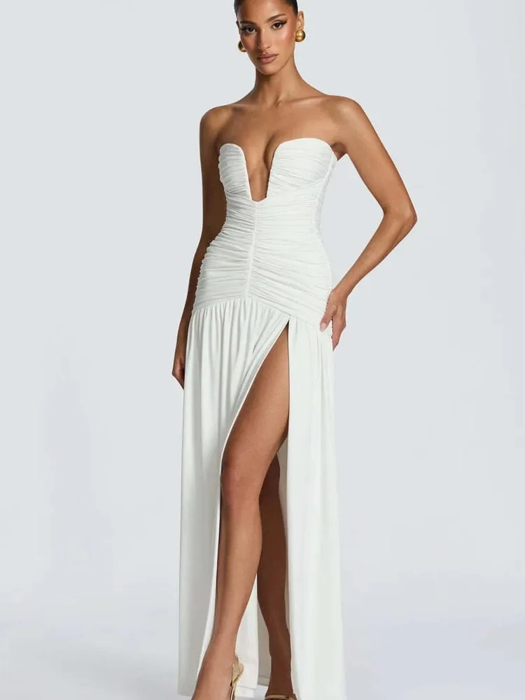 Women Elegant Deep V-neck Pleated Strapless Dress Chic Off-shoulder Backless Split Maxi Dresses 2026 Lady Evening Party Vestidos — image 4