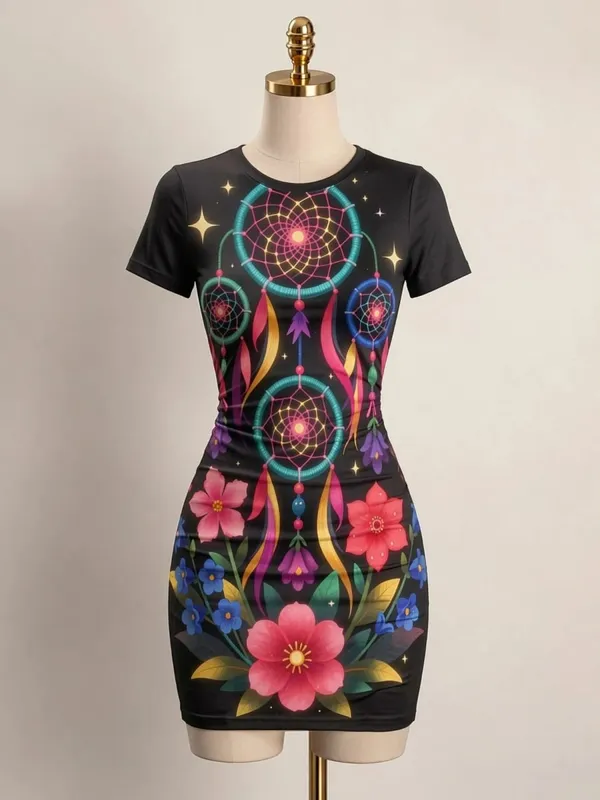 Womens Short Sleeve Bodycon Mini Dress Slim Fit Crew Neck Floral Print Casual Summer Party Cute Modern Holiday Vacation Sundress — image 7