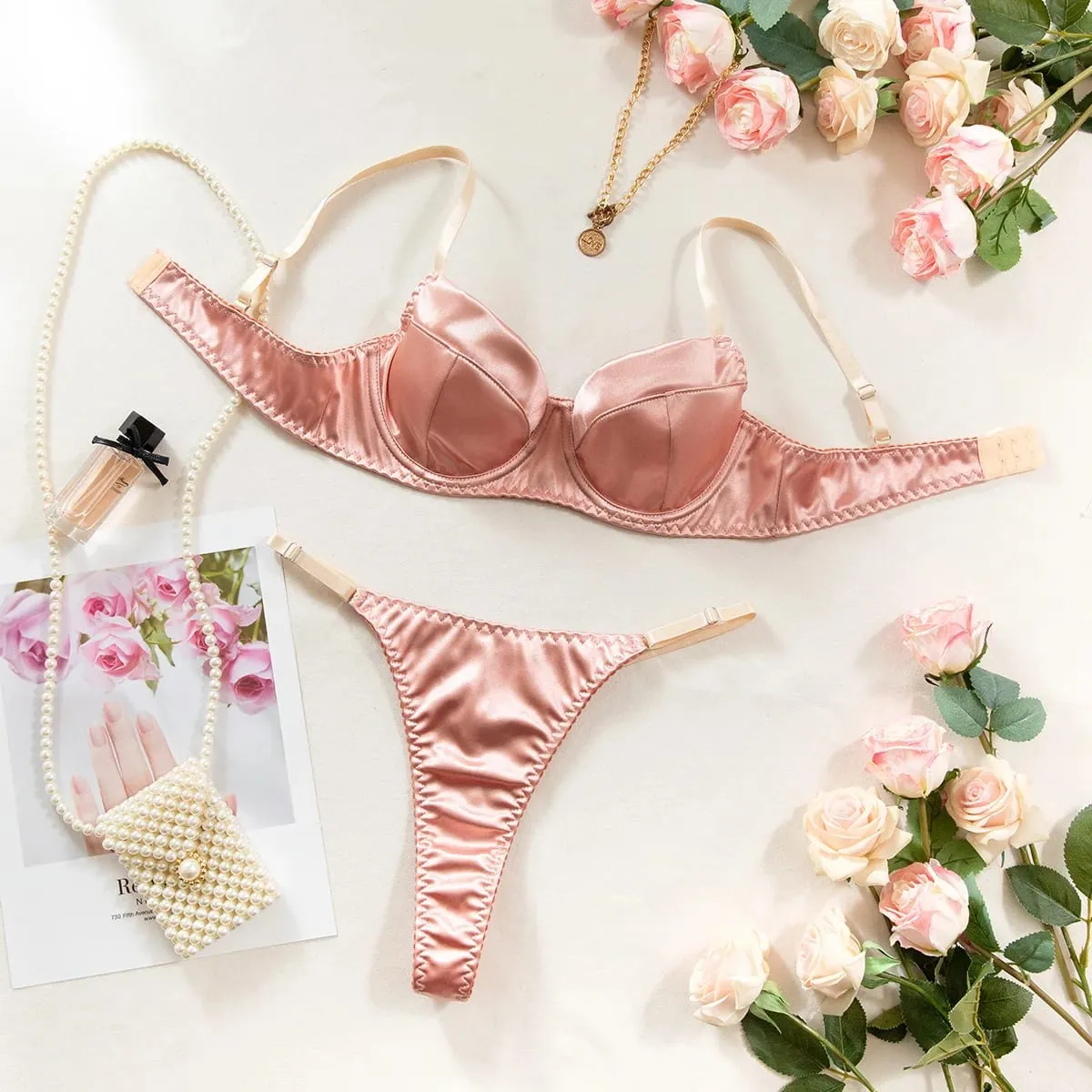 Push Up Underwire Satin 2 Pcs Sexy Bra Set Women Underwear Patchwork Bras and Thongs Suits Attractive Bilizna Intimate Set