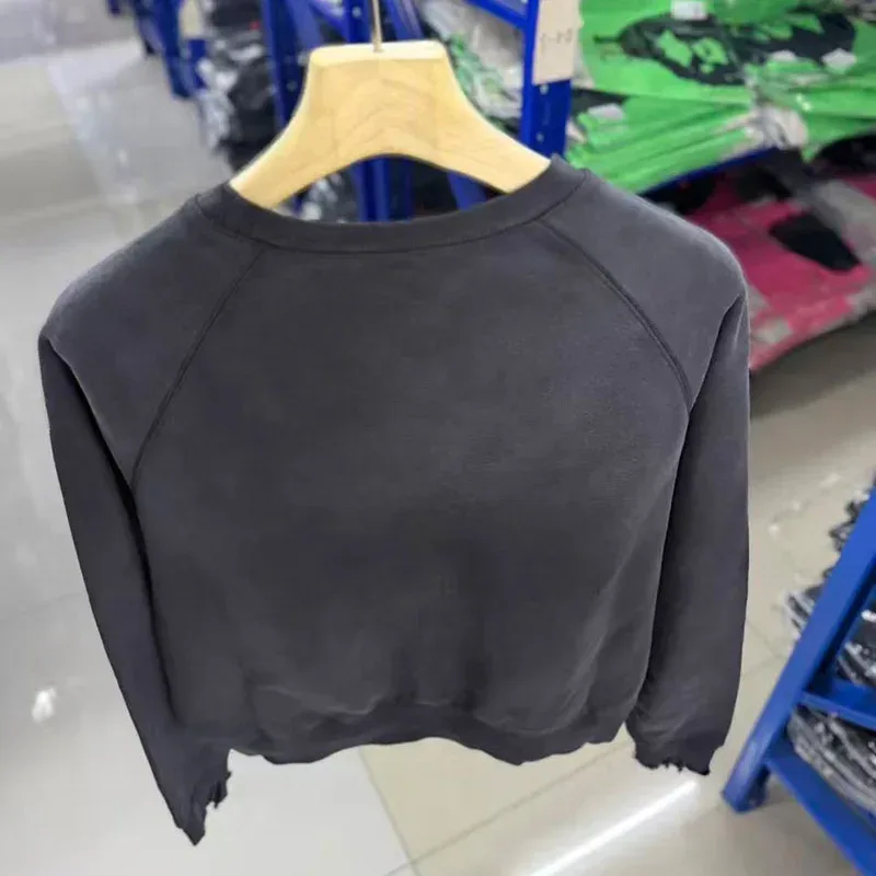 Heavy Fabric Cotton Oversized Patchwork Saint Sweatshirts Men Women Vintage Washed Carbon Gray Splash-Ink Damaged Hole Pullovers