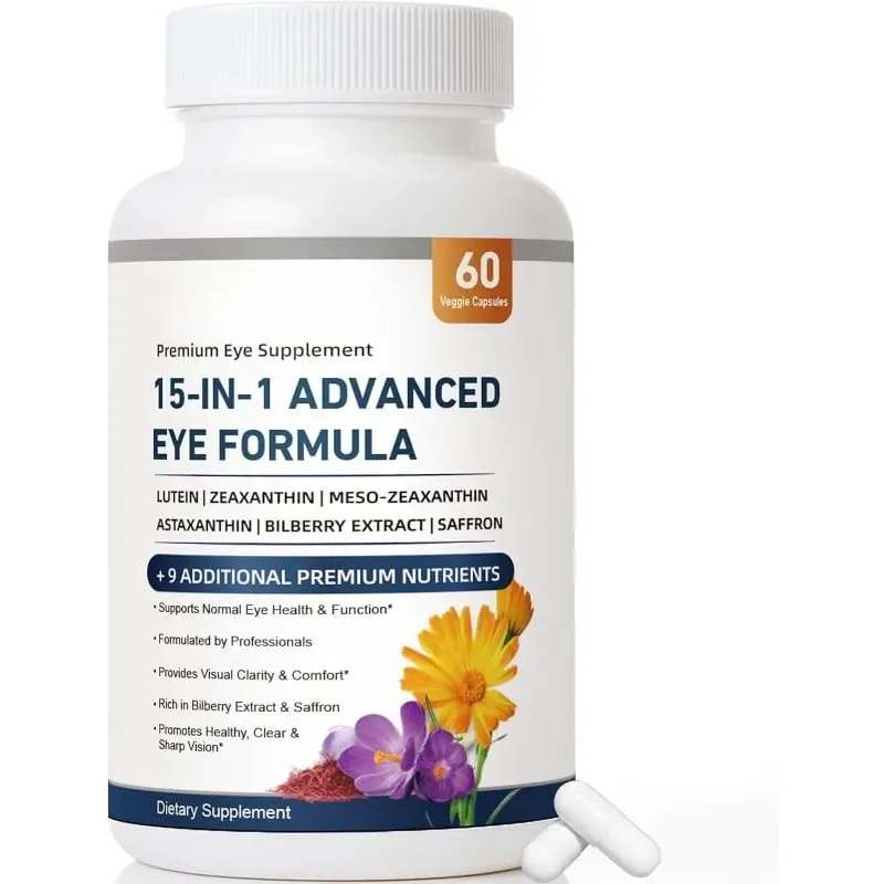 15 in 1 Advanced Eye Formula Lutein Zeaxanthin Bilberry Extract Vitamin C & E Supports Eye Health 60 Veggie Capsules for adult