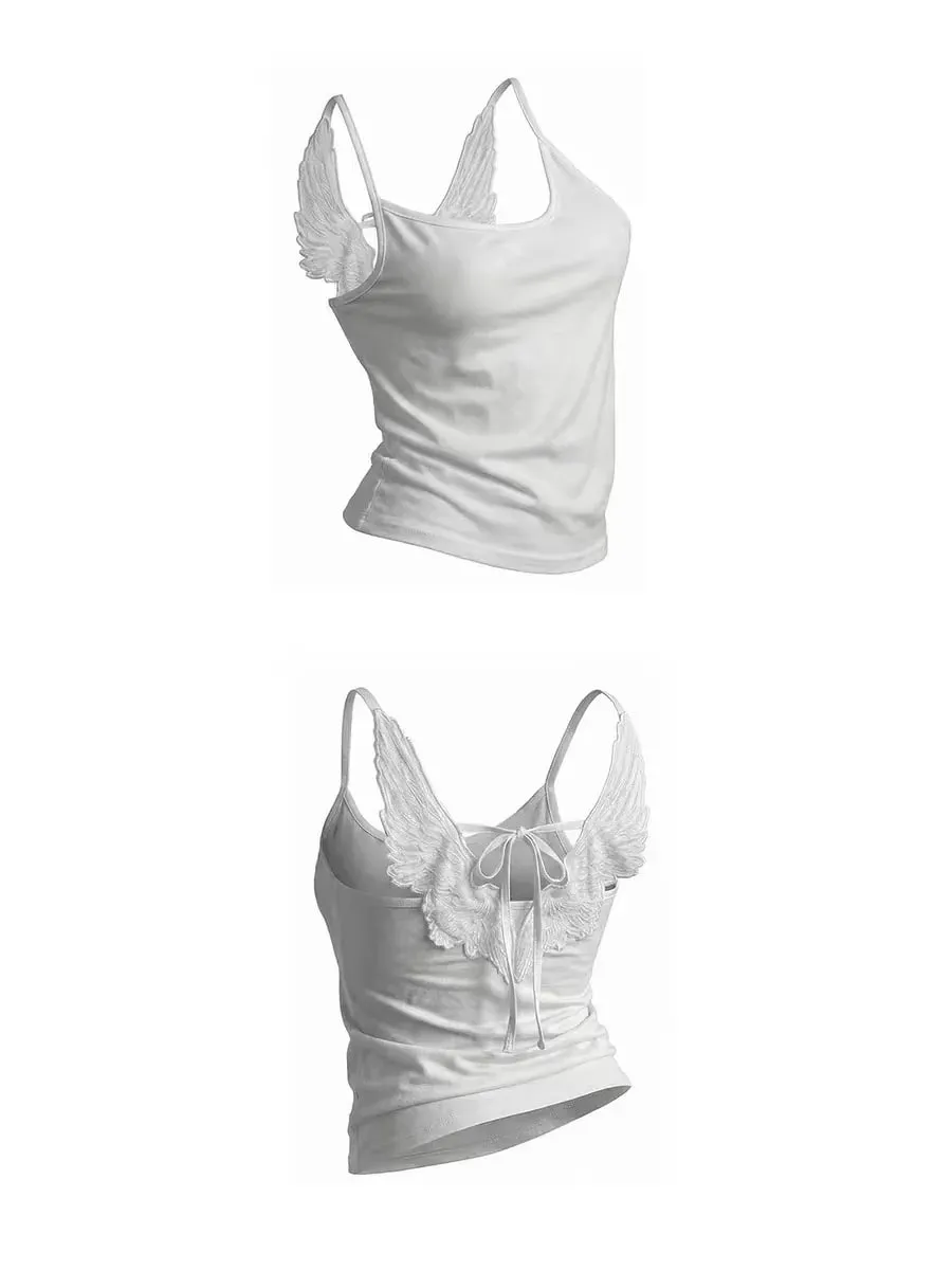White Angle Wings Embroidered Camis Y2K Sexy Sleeveless Backless Bow-Tie Straps Slim Vest Woman Summer Tank Top