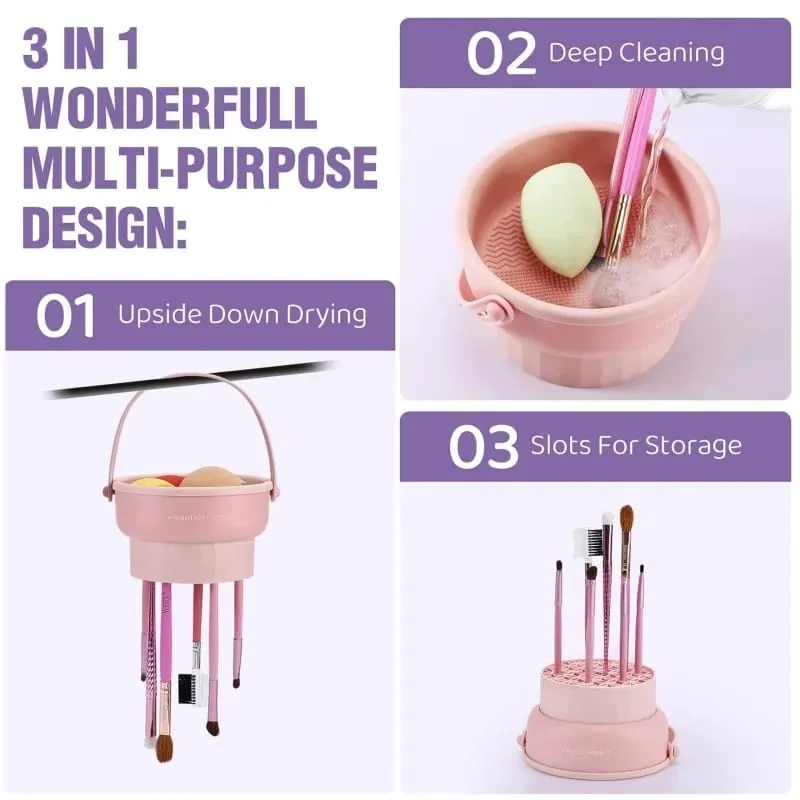 Makeup Brush Cleaner Mat 3 in 1 Silicone Washing Bowl with Brushes Scrubber Foldable Powder Puff Cosmetic Sponge Drying Tools — image 3