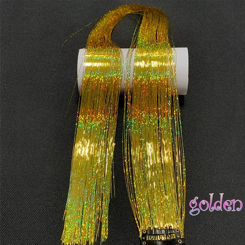 Long Straight Hair Tinsel Glitter Shiny Sparkly Synthetic Color Fresh Laser Clip in Hair Extensions Women Party Hair Accessori