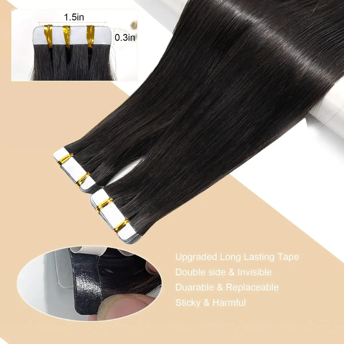 Straight Tape In Hair Extensions 100% Human Hair Natural Black Adhesive Invisible Glue Replaceable Seamless Tape Ins 20pcs/50g