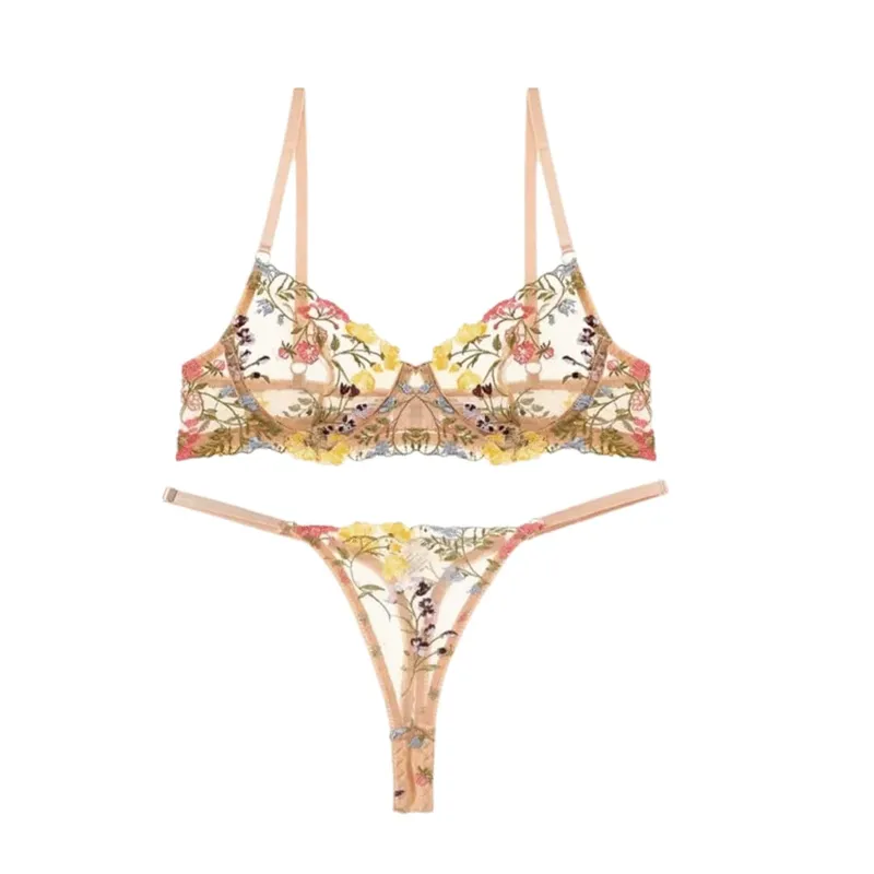 Sheer Intimates Transparent Lingerie Set Ultra-thin Push Up Embroidery Floral Underwear Elegant Bra Suit Girl