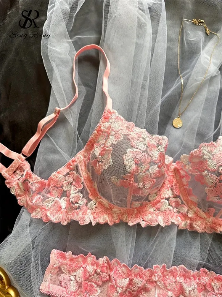Lingerie velata a rete Abiti a due pezzi Set di biancheria intima floreale francese seducente Set di reggiseno e slip sexy con ricamo da donna — image 5