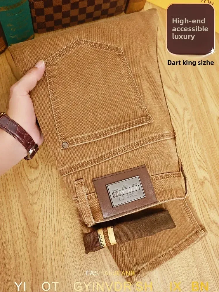Autumn fashion light luxury men's jeans khaki small feet elastic coffee casual pants