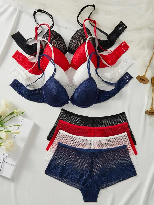 4Set Women Floral Lace Lingerie Set Underwire Push up Bra Breathable Sheer Hollow Panties Ladies Underwear Set
