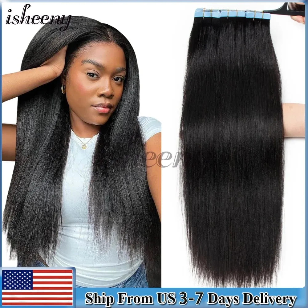 Invisible Tape In Human Hair Extensions Light Yaki Straight Tape ins Remy Hair Nature Black Color 1B# 12-24 Inches Easy To Wear — image 2