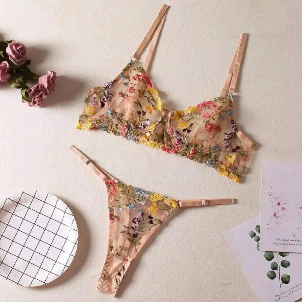 Bohemia Transparent Lingerie Set Ultra-thin Elegant Embroidery Floral Underwear Push Up Bra Suit Honeymoon — image 3