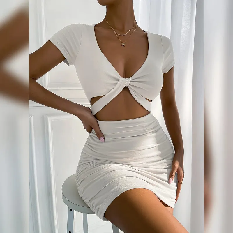 2022 Summer V Neck Hollow Out Cross Bodycon Dresses Women's Solid Backless Ruched Sexy Mini Dress Y2k Party Club Elegant Dresses