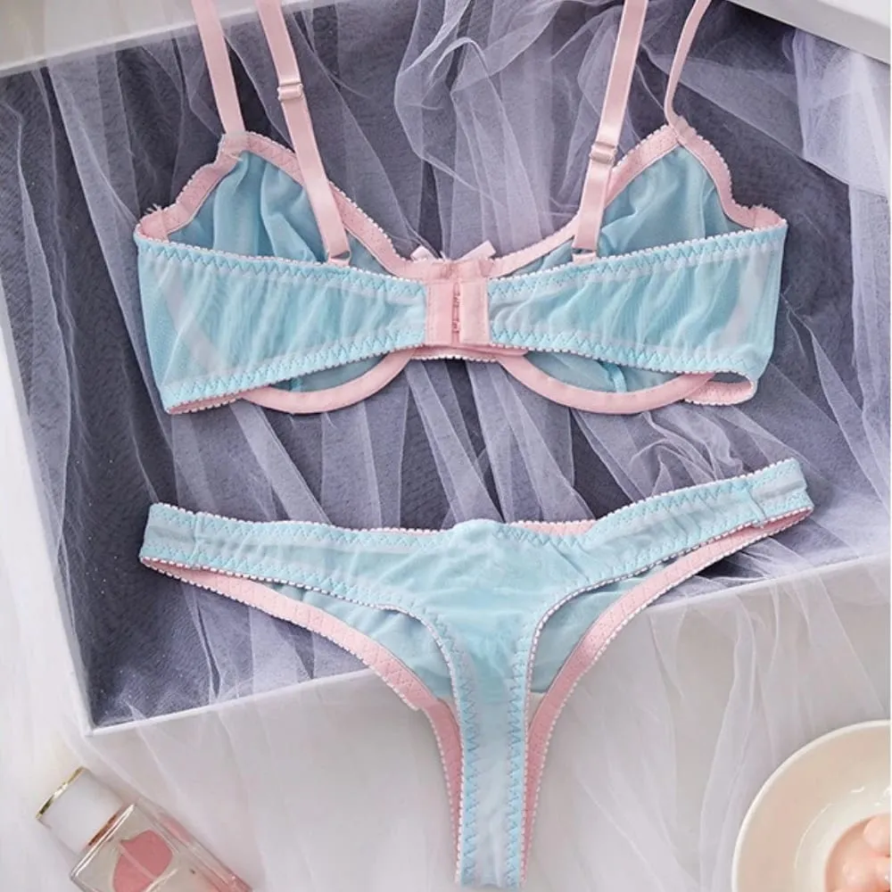Blue Mesh Patchwork Splicing Thin Strap Strappy Semi Sheer Lightweight Lace Sexy Underwear Apparel Women Bra Briefs Lingerie Set
