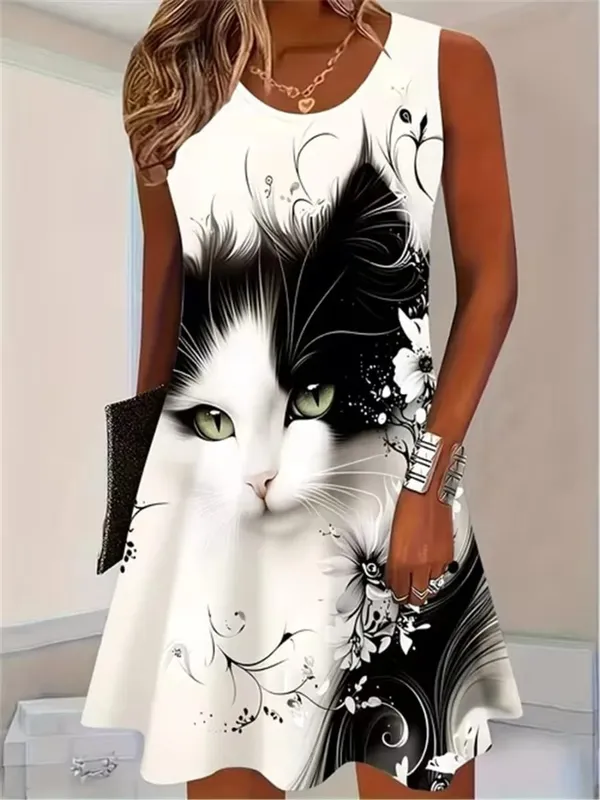 2026 New Fashion Cat Pattern Women Mini Dresses Summer Sleeveless 3D Printed Street Hip Hop Ladies Dress 3XL Plus Size Dress