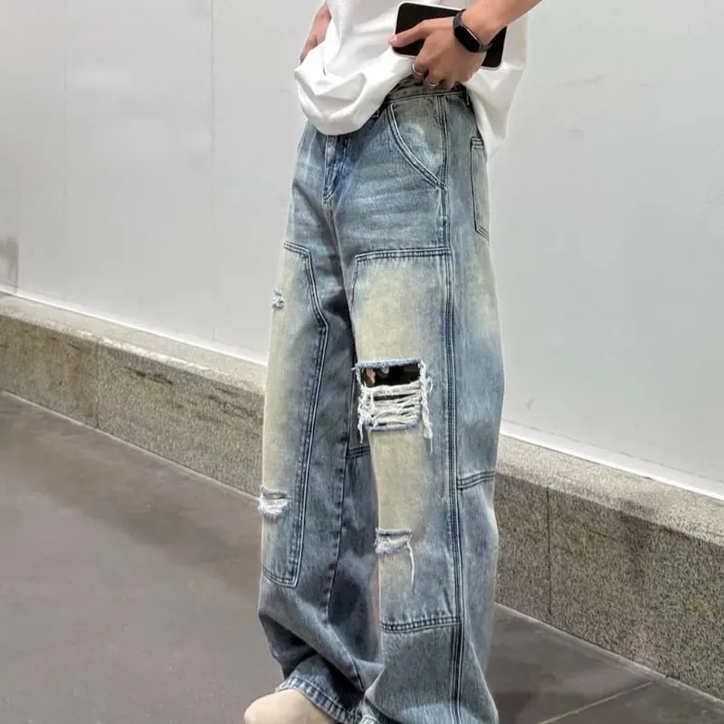 Men's Jeans Man Pants Heavy Duty Washed Multi Pocket Carpenter Style Straight Loose Denim Trousers Casual Fit High Street — image 2