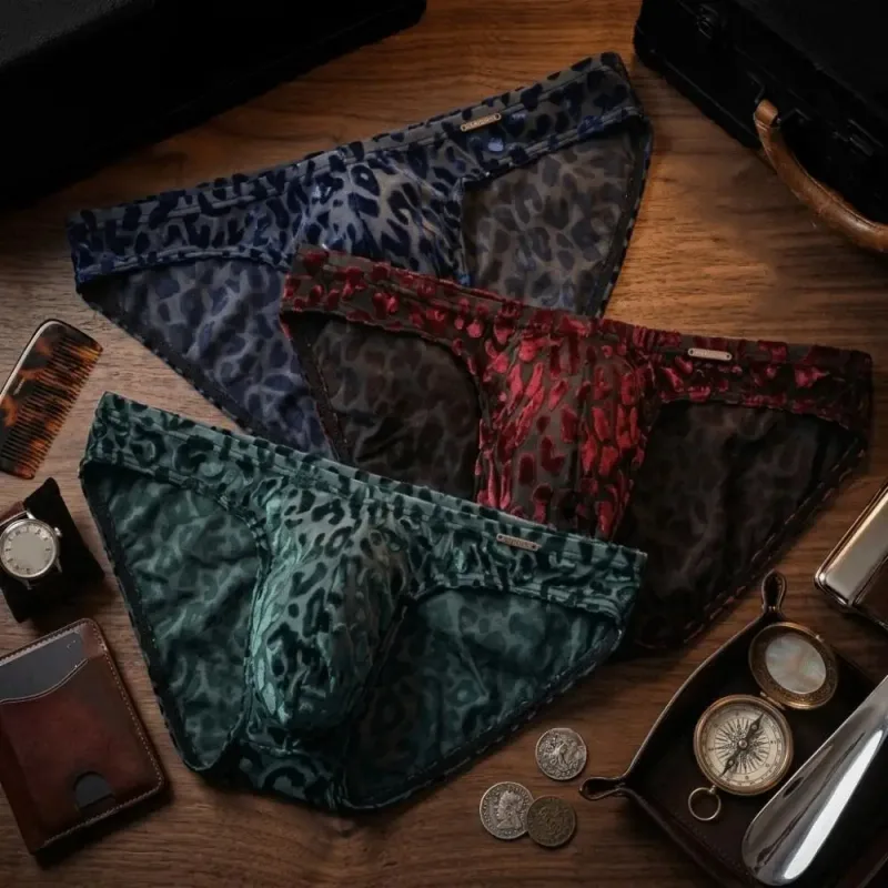 Quick Dry Ice Silk Men Briefs Lingerie Low Waist Sheer Underwear Convex Pouch Transparent Leopard Print Panties Male