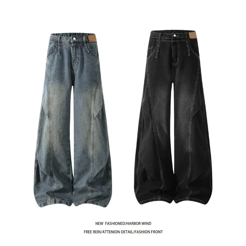 Men 2026 American Style Wide Leg Scimitar Jeans Contrast Stitch Spliced Pleated Design Loose Casual Long Denim Pants For Male — image 2