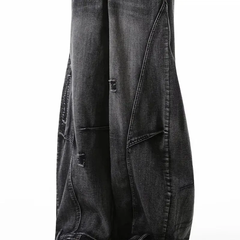 Korean Retro Plus Size Ripped Jeans Men'S Wide Leg Curved Pants Fashionable Casual Loose Straight Leg Pants