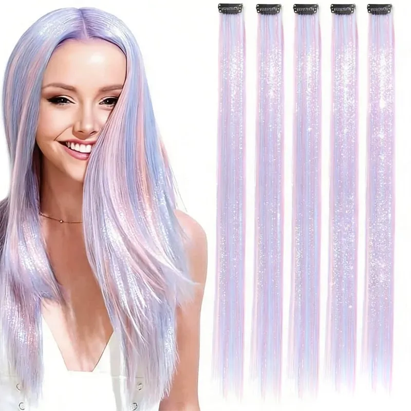 5pcs 24inch Colored Clip in Hair Extensions Long Straight Colorful Highlights Hair Pieces Synthetic Rainbow Hairpieces for women
