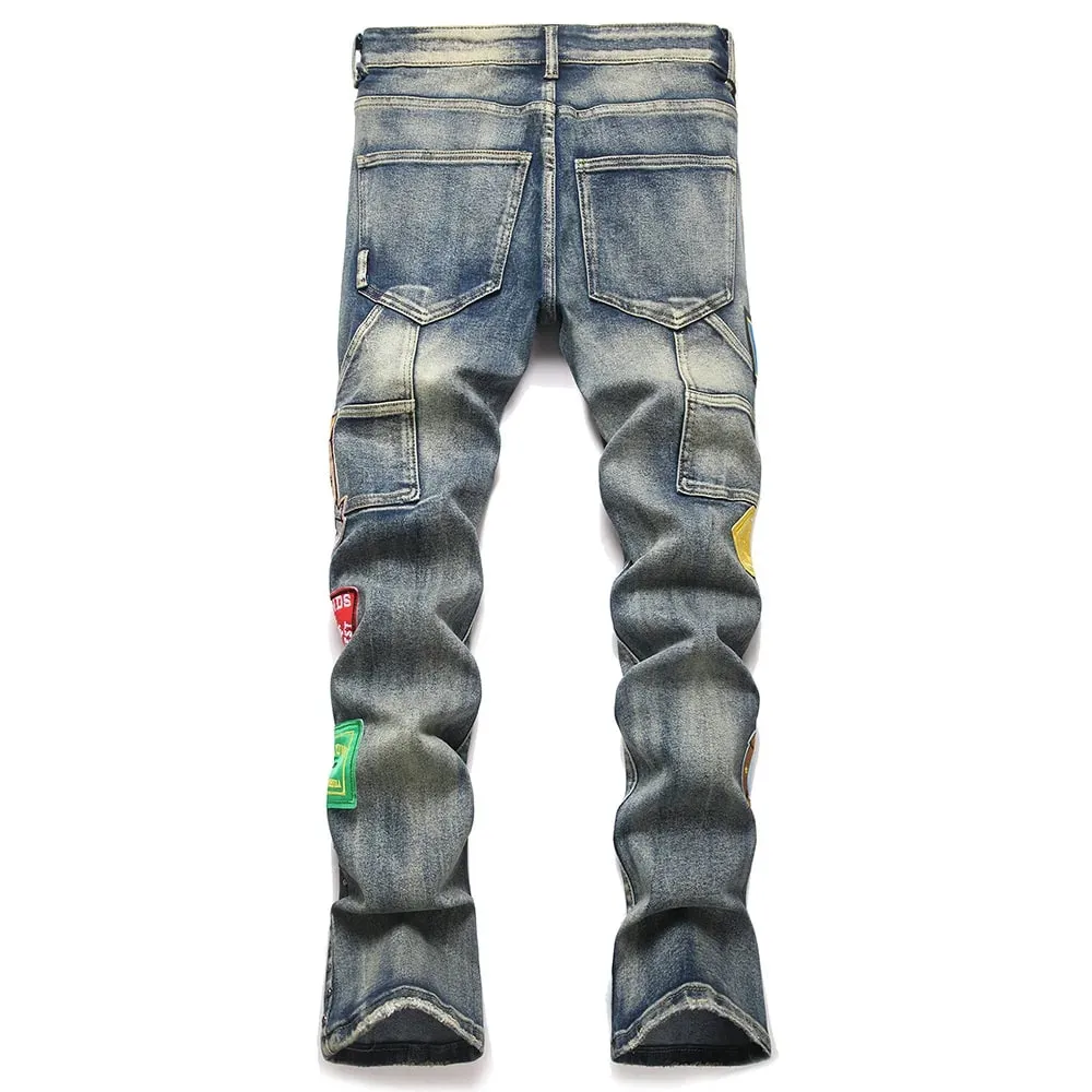 Men's Badge Patch Boot Cut Jeans Rivet Vintage Retro Blue Stretch Denim Pants Streetwear Slim Flared Trousers
