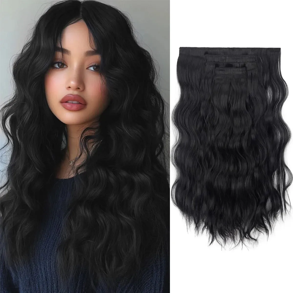 20Inch 5pcs/set Synthetic Hair Extension Long Curly Heat Resistant Black Hairpiece for Women