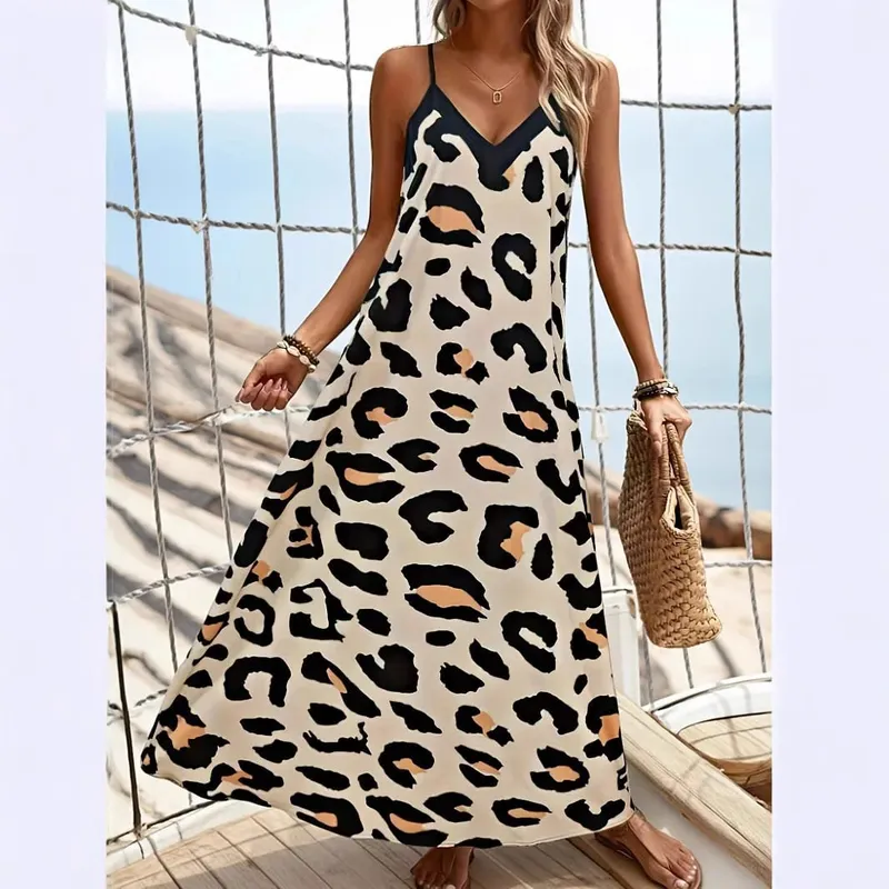 2026 New Women Leopard Print Spaghetti Strap Maxi Dress Sleeveless V Neck Casual Long Dresses Summer Beach Vacation Outfit