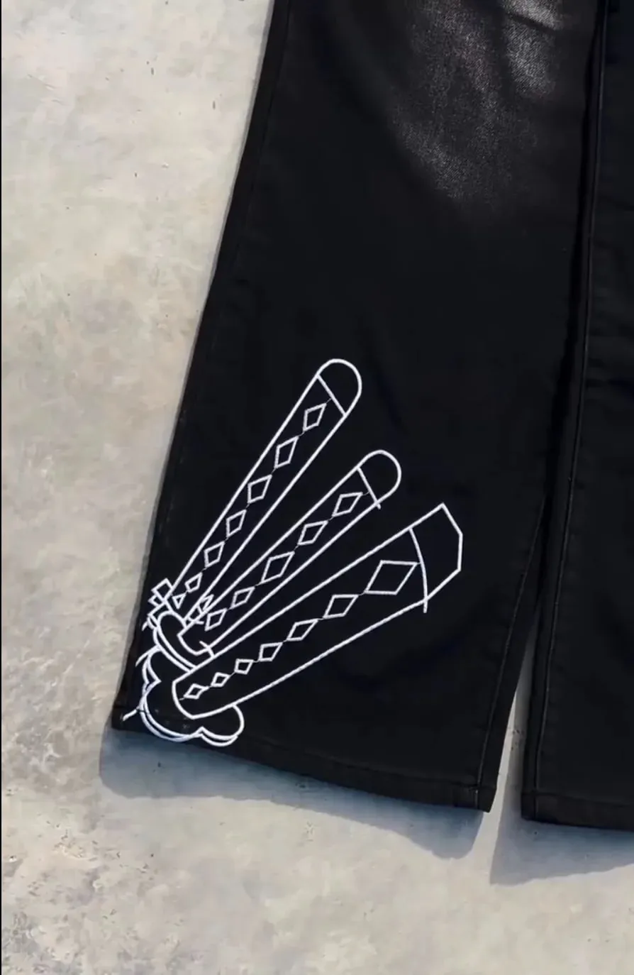Y2K Anime Mönster Broderade jeans Baggy Bred Ben Stretch Jeans Streetwear Harajuku Hip Hop Mörk Retro Mode Rock Denim Byxor — image 5