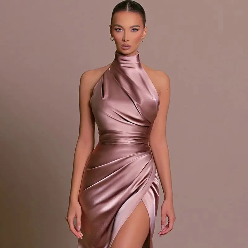2026 Retro Style Satin Halter Maxi Dress Elegant Waist Slimming High Slit Party Formal Events Solid Color Minimalism Long Skirt