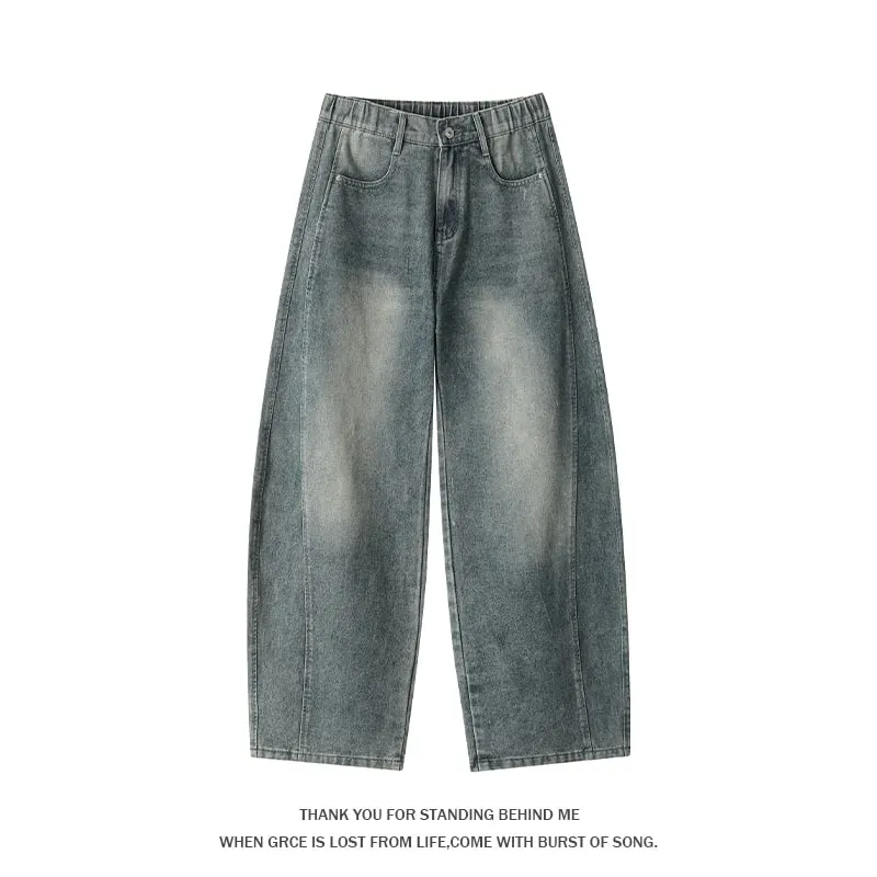 Plus Size Men's Curved Denim Jeans Retro High Street Washed Splice Loose Floor-Length Baggy Streetwear Trousers